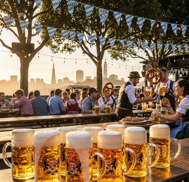 Overflowing beer steins at Oktoberfest beer garden San Francisco 2025