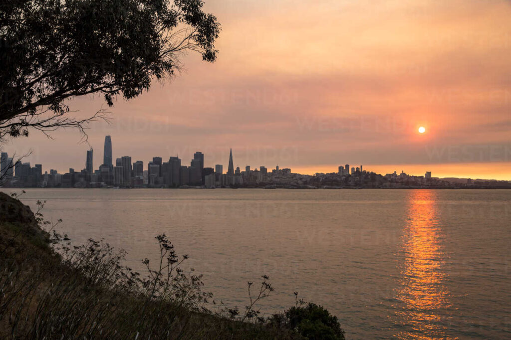 Sunset view from Treasure Island park overlooking San Francisco skyline.