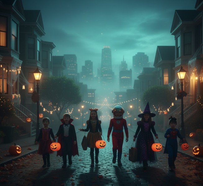 Children in costumes trick-or-treating through foggy streets