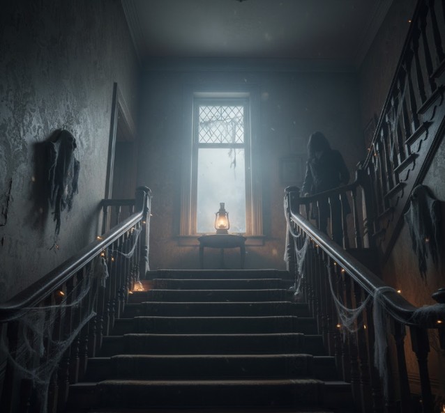 Dimly lit staircase inside a haunted San Francisco house