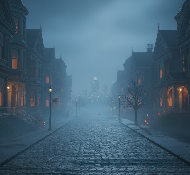 Foggy street in San Francisco leading to haunted houses