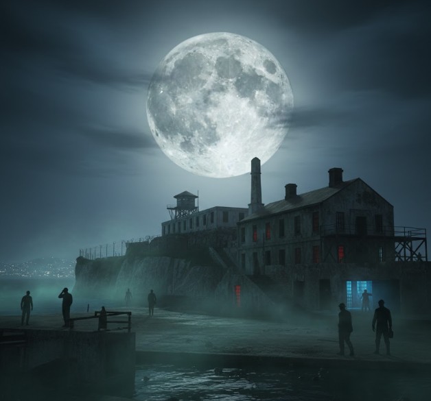 Haunted Alcatraz Island under a full moon