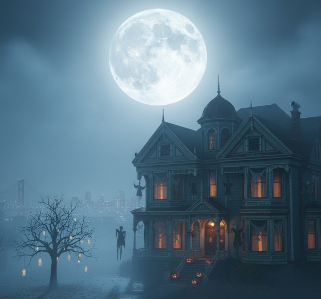 Haunted Victorian mansion in San Francisco under the moonlight
