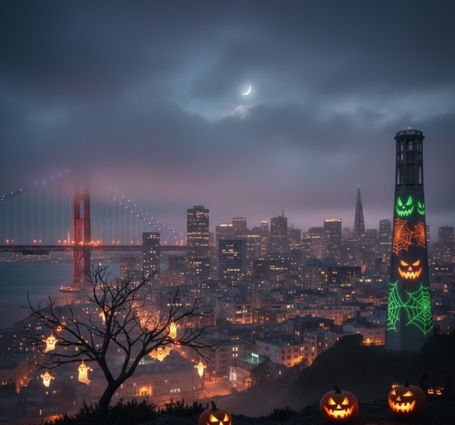 Foggy San Francisco skyline on Halloween night - Explore the best San Francisco Halloween events for 2025 