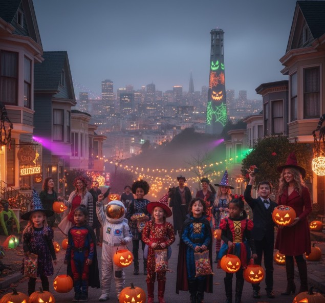 Children trick-or-treating at San Francisco Halloween event