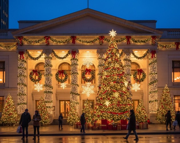 Exterior shot of Davies Symphony Hall with holiday decorations.