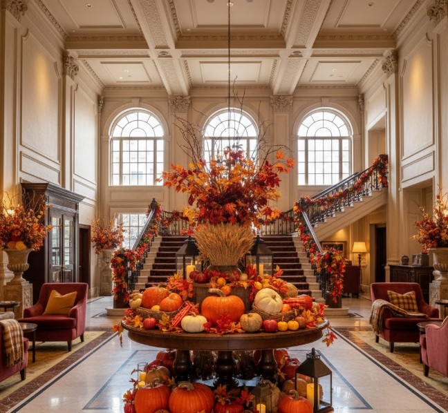  Fairmont Hotel lobby decorated for Thanksgiving with fall colors.