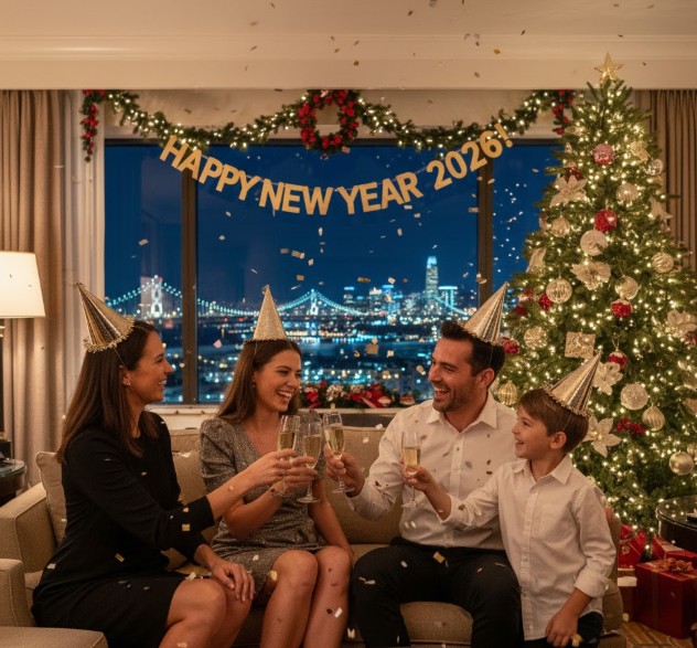 Family enjoying a New Yearâs Eve celebration inside a San Francisco hotel.