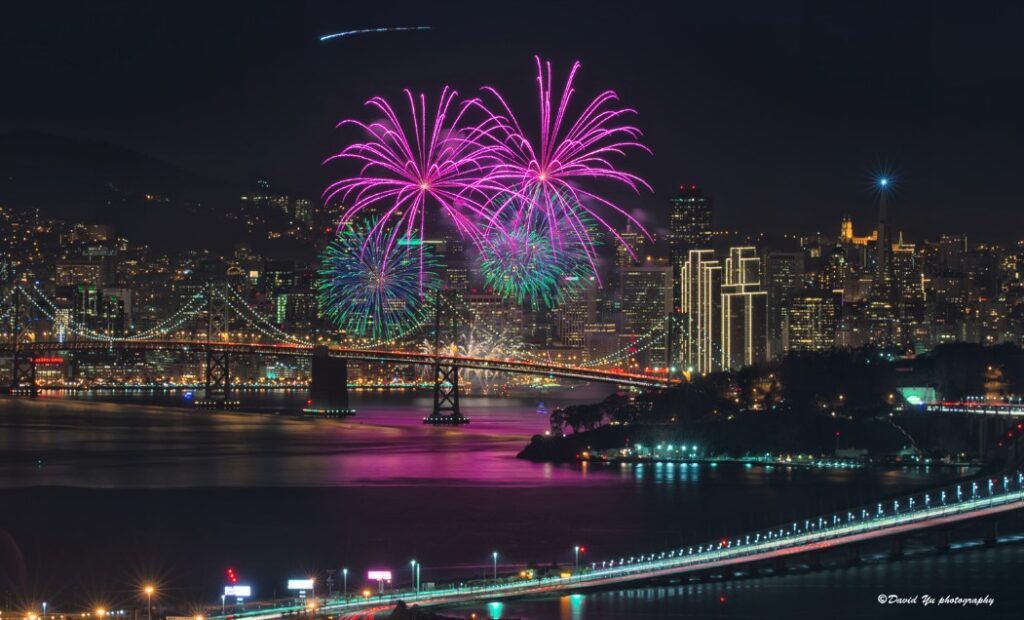 Fireworks over the Bay Bridge during San Francisco New Yearâs Eve 2026 celebration