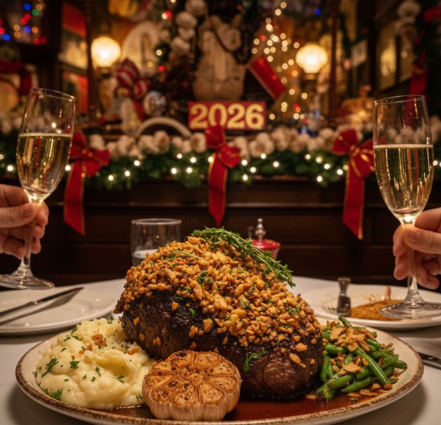 Garlic-focused entrée served during NYE dinner at The Stinking Rose
