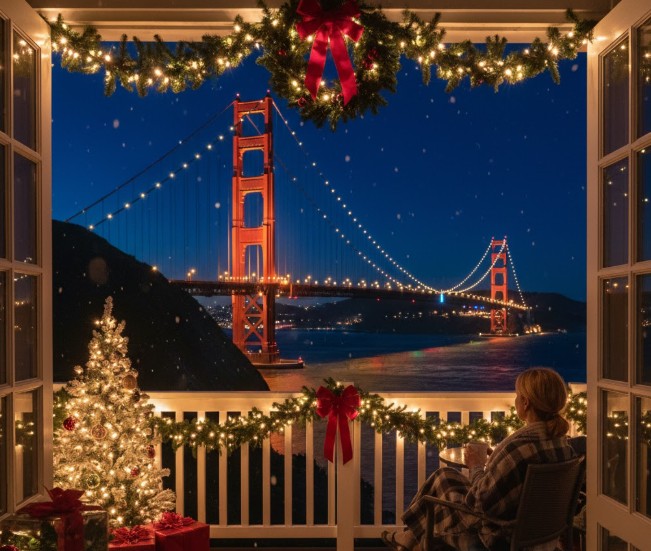 Golden Gate Bridge view from Cavallo Point Lodge at Christmas