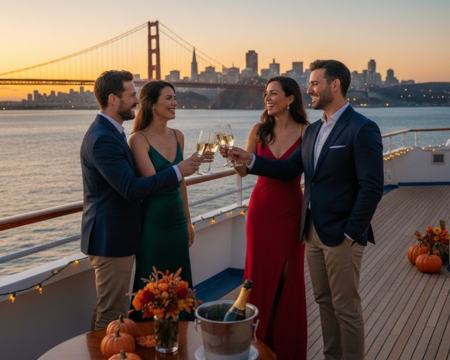 Guests toasting with champagne while viewing the San Francisco skyline from a cruise deck.