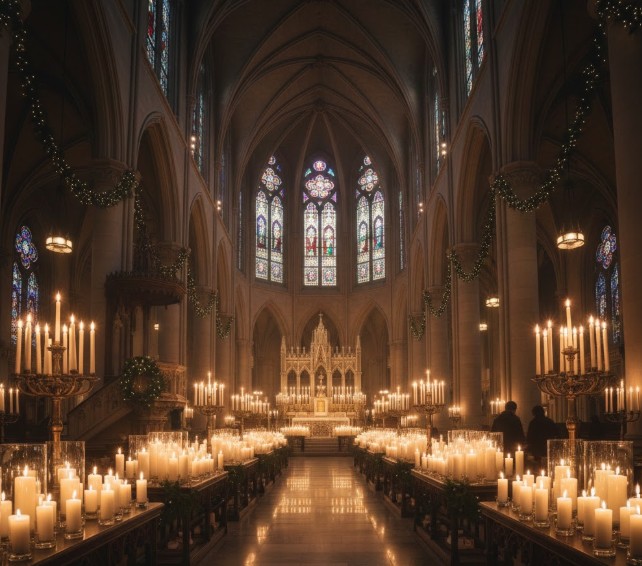 Interior of Grace Cathedral with Christmas lighting.