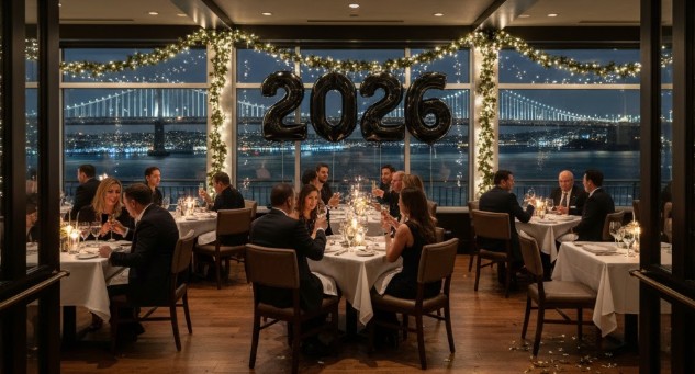 Interior view of EPIC Steak with festive NYE decorations
