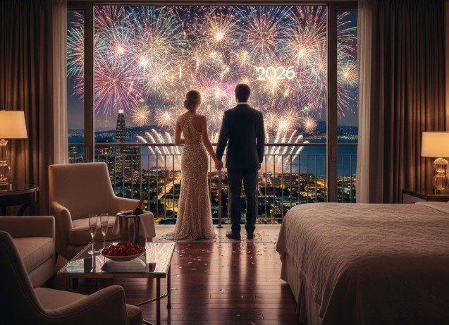 Luxury waterfront hotel room with balcony overlooking San Francisco Bay fireworks. - San Francisco NYE Hotel Packages 2026
