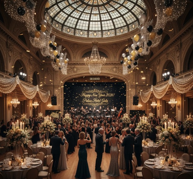 Palace Hotel ballroom decorated for NYE gala 2026