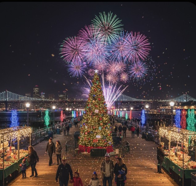 Pier 39 decorated for New Year’s Eve 2026 family celebration