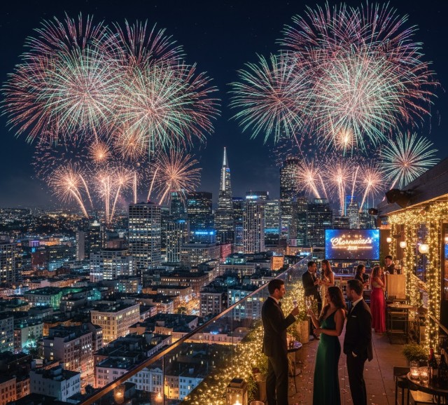 Rooftop bar at Charmaineâs with city lights during NYE 2026