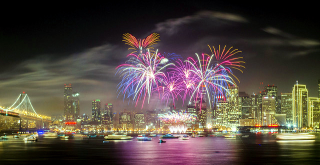 San Francisco skyline lit up during NYE fireworks 2026 as seen from Treasure Island