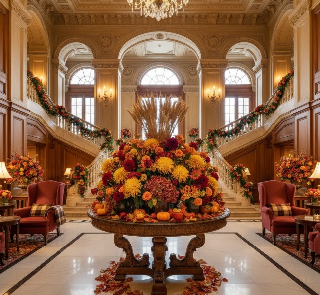 The Fairmont San Francisco lobby decorated for Thanksgiving with autumn flowers.