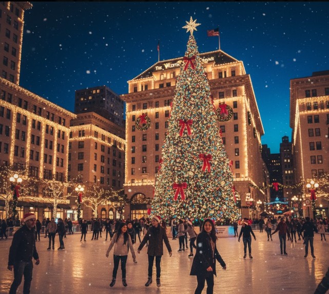 Union Square Christmas tree and ice skating rink near The Westin St. Francis in San Francisco”