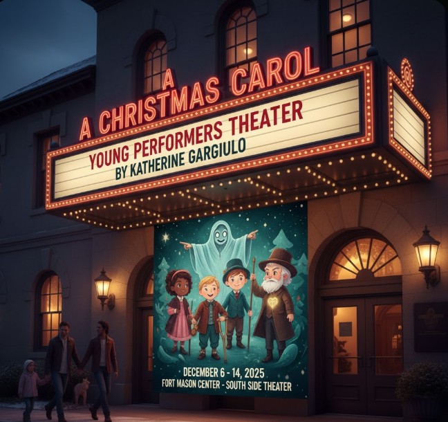 Young Performers Theatre cast of A Christmas Carol performing on stage at Fort Mason Center, San Francisco.