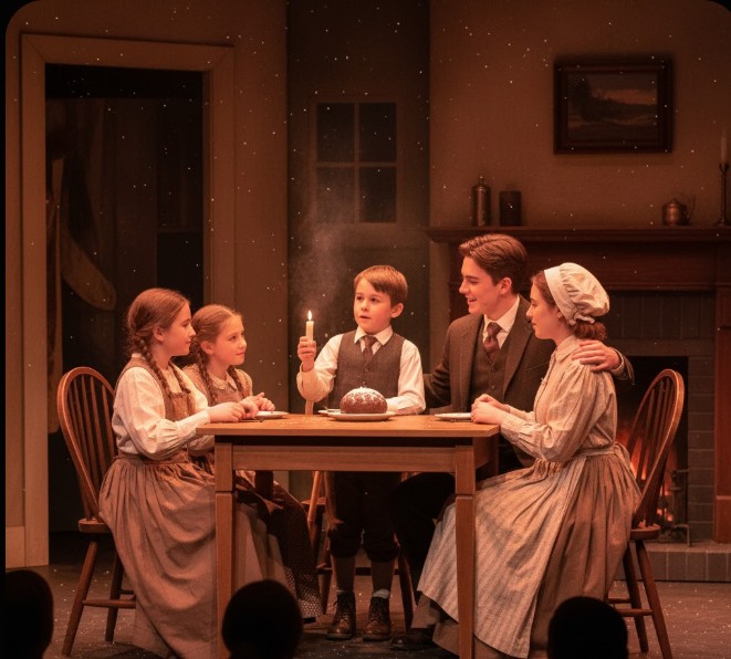 Young cast portraying the Cratchit family in A Christmas Carol at Fort Mason Center in San Francisco.